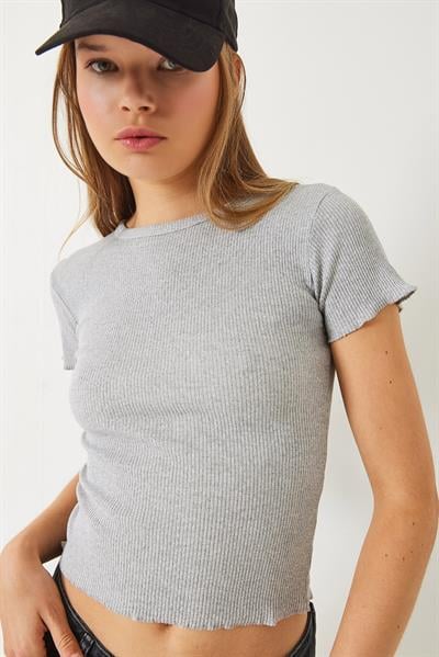 Kadın Fitilli Kaşkorse Basic T-Shirt 60261476 - Gri