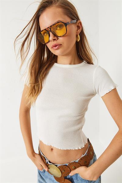 Kadın Fitilli Kaşkorse Basic T-Shirt 60261476 - Beyaz