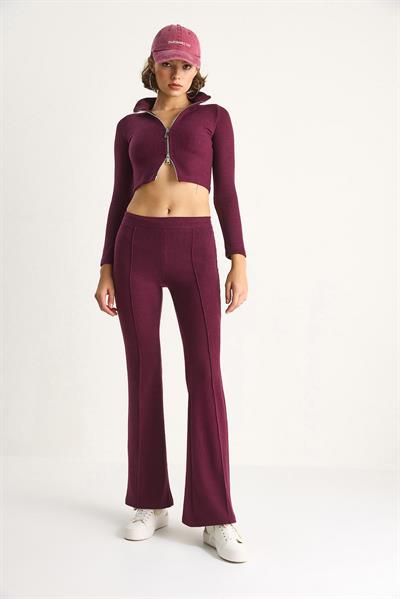 Kadın Fitilli Örme Kumaş Çift Fermuar Detaylı Balıkçı Yaka Alt-Üst Takım 2421 60284063 - Mürdüm