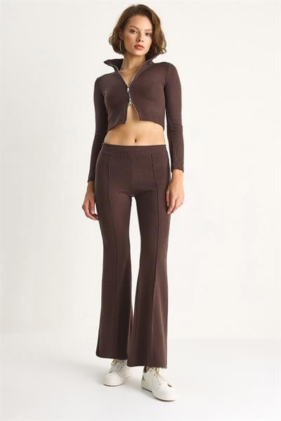 Kadın Fitilli Örme Kumaş Çift Fermuar Detaylı Balıkçı Yaka Alt-Üst Takım 2421 60284063 - Kahve