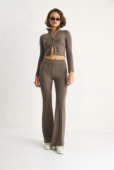 Kadın Fitilli Örme Kumaş Çift Fermuar Detaylı Balıkçı Yaka Alt-Üst Takım 2421 60284063 - Vizon