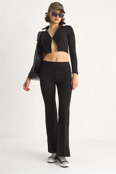 Kadın Fitilli Örme Kumaş Çift Fermuar Detaylı Balıkçı Yaka Alt-Üst Takım 2421 60284063 - Siyah