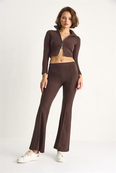 Kadın Fitilli Örme Kumaş Çift Fermuar Detaylı Balıkçı Yaka Alt-Üst Takım 2421 60284063 - Kahve