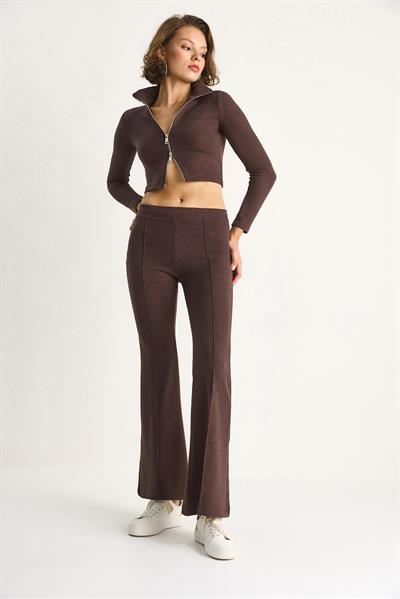 Kadın Fitilli Örme Kumaş Çift Fermuar Detaylı Balıkçı Yaka Alt-Üst Takım 2421 60284063 - Kahve