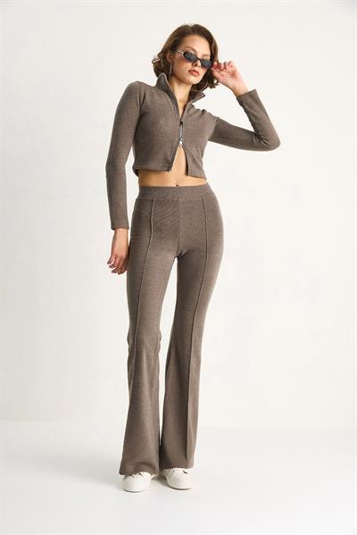 Kadın Fitilli Örme Kumaş Çift Fermuar Detaylı Balıkçı Yaka Alt-Üst Takım 2421 60284063 - Vizon