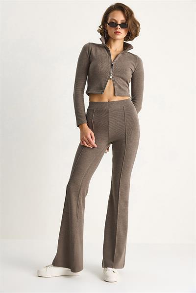 Kadın Fitilli Örme Kumaş Çift Fermuar Detaylı Balıkçı Yaka Alt-Üst Takım 2421 60284063 - Vizon