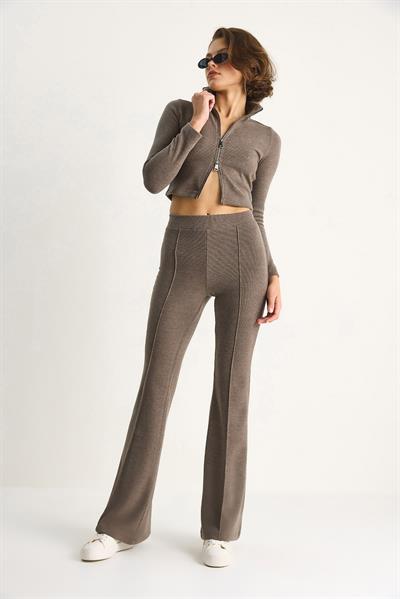 Kadın Fitilli Örme Kumaş Çift Fermuar Detaylı Balıkçı Yaka Alt-Üst Takım 2421 60284063 - Vizon