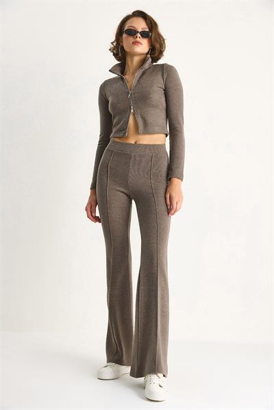 Kadın Fitilli Örme Kumaş Çift Fermuar Detaylı Balıkçı Yaka Alt-Üst Takım 2421 60284063 - Vizon