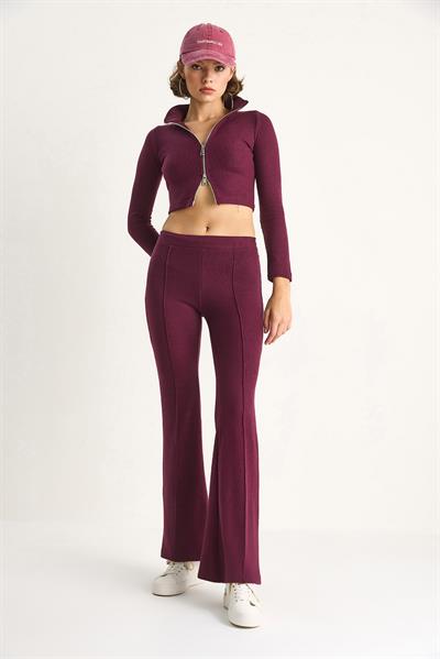 Kadın Fitilli Örme Kumaş Çift Fermuar Detaylı Balıkçı Yaka Alt-Üst Takım 2421 60284063 - Mürdüm