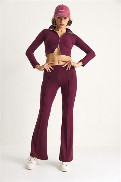 Kadın Fitilli Örme Kumaş Çift Fermuar Detaylı Balıkçı Yaka Alt-Üst Takım 2421 60284063 - Mürdüm