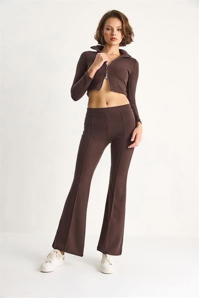 Kadın Fitilli Örme Kumaş Çift Fermuar Detaylı Balıkçı Yaka Alt-Üst Takım 2421 60284063 - Kahve