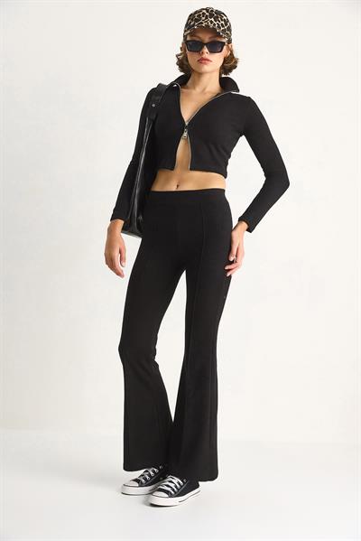 Kadın Fitilli Örme Kumaş Çift Fermuar Detaylı Balıkçı Yaka Alt-Üst Takım 2421 60284063 - Siyah