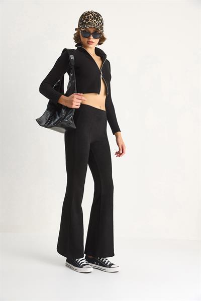 Kadın Fitilli Örme Kumaş Çift Fermuar Detaylı Balıkçı Yaka Alt-Üst Takım 2421 60284063 - Siyah