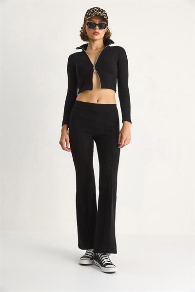 Kadın Fitilli Örme Kumaş Çift Fermuar Detaylı Balıkçı Yaka Alt-Üst Takım 2421 60284063 - Siyah