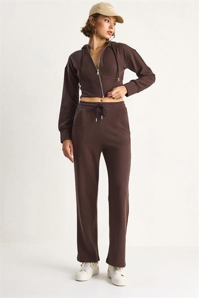 Kadın Fitilli Örme Kumaş Rahat Kalıp Kapüşonlu Fermuarlı  Alt-Üst Takım 2030  60284064 - Kahve