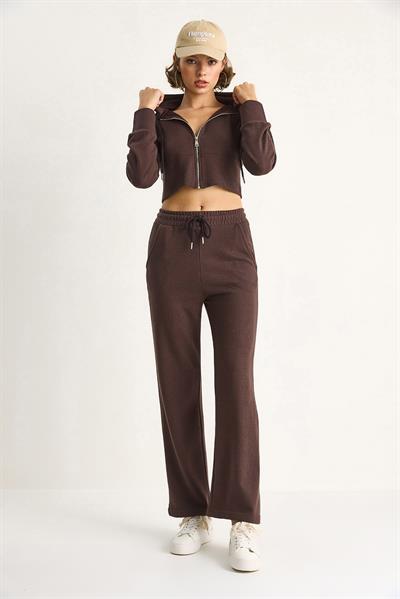 Kadın Fitilli Örme Kumaş Rahat Kalıp Kapüşonlu Fermuarlı  Alt-Üst Takım 2030  60284064 - Kahve
