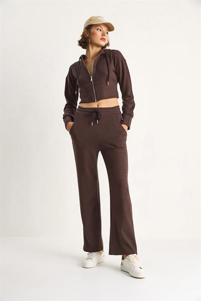 Kadın Fitilli Örme Kumaş Rahat Kalıp Kapüşonlu Fermuarlı  Alt-Üst Takım 2030  60284064 - Kahve