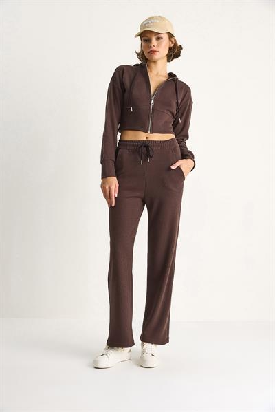 Kadın Fitilli Örme Kumaş Rahat Kalıp Kapüşonlu Fermuarlı  Alt-Üst Takım 2030  60284064 - Kahve