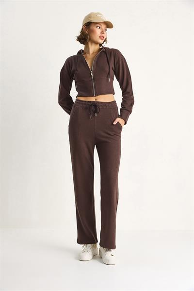 Kadın Fitilli Örme Kumaş Rahat Kalıp Kapüşonlu Fermuarlı  Alt-Üst Takım 2030  60284064 - Kahve