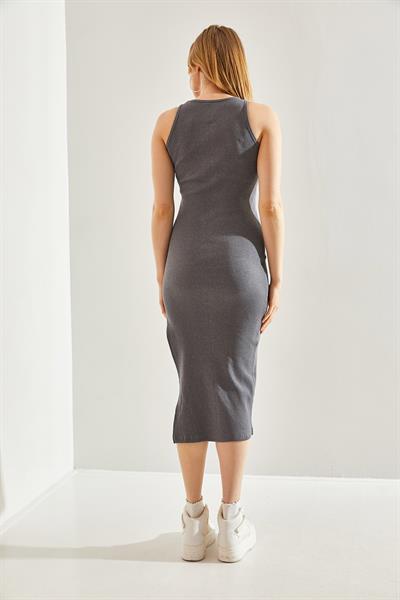 Kadın Fitilli Yandan Yırtmaçlı Nakışlı Elbise 60241005 - Antrasit