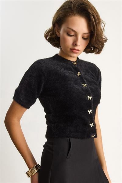 Fiyonk Düğme Detaylı Yumuşak Dokulu Triko Hırka w25033  60284078 - Siyah