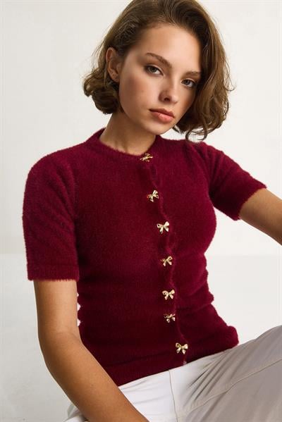 Fiyonk Düğme Detaylı Yumuşak Dokulu Triko Hırka w25033  60284078 - Bordo