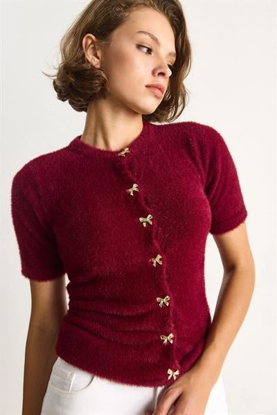 Fiyonk Düğme Detaylı Yumuşak Dokulu Triko Hırka w25033  60284078 - Bordo