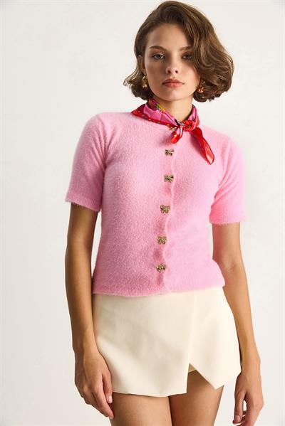 Fiyonk Düğme Detaylı Yumuşak Dokulu Triko Hırka w25033  60284078 - Pembe