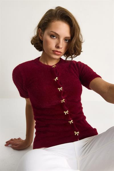 Fiyonk Düğme Detaylı Yumuşak Dokulu Triko Hırka w25033  60284078 - Bordo