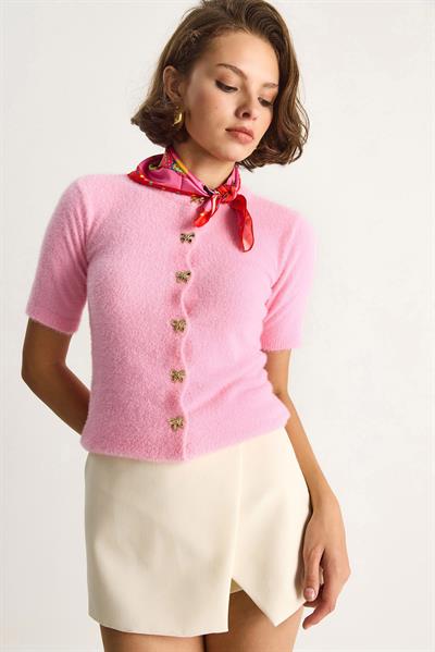 Fiyonk Düğme Detaylı Yumuşak Dokulu Triko Hırka w25033  60284078 - Pembe