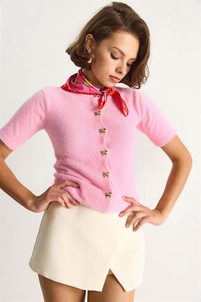 Fiyonk Düğme Detaylı Yumuşak Dokulu Triko Hırka w25033  60284078 - Pembe