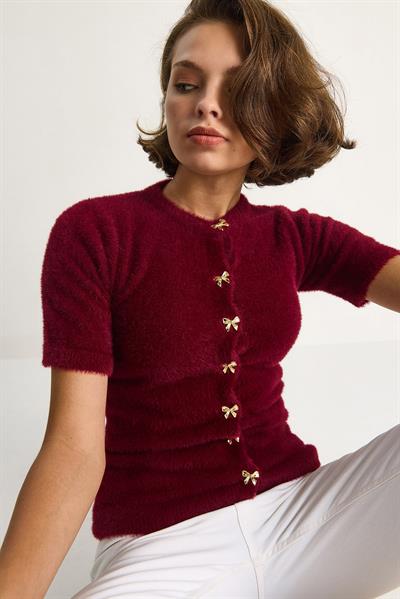 Fiyonk Düğme Detaylı Yumuşak Dokulu Triko Hırka w25033  60284078 - Bordo