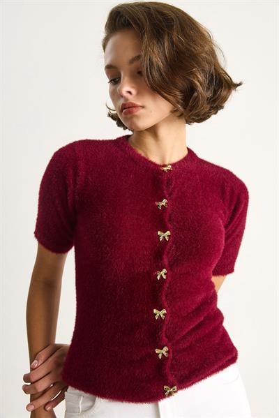 Fiyonk Düğme Detaylı Yumuşak Dokulu Triko Hırka w25033  60284078 - Bordo