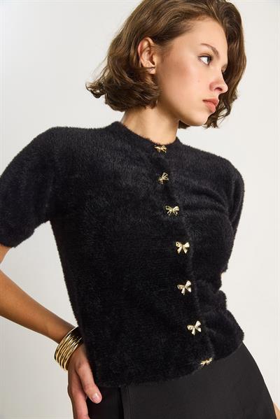 Fiyonk Düğme Detaylı Yumuşak Dokulu Triko Hırka w25033  60284078 - Siyah