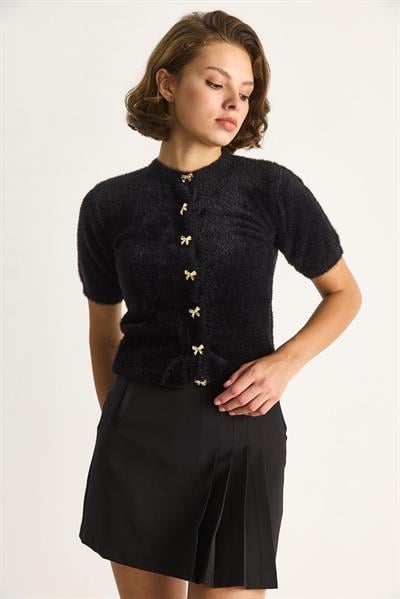 Fiyonk Düğme Detaylı Yumuşak Dokulu Triko Hırka w25033  60284078 - Siyah