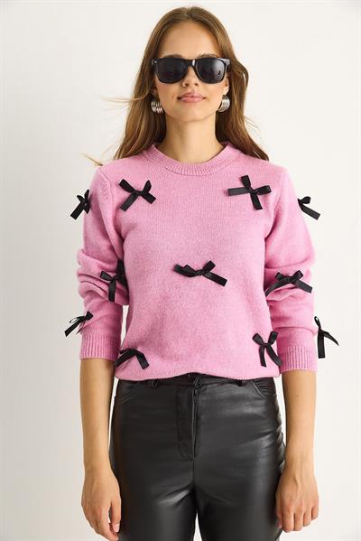 Kadın Fiyonklu Regular Triko Kazak 20246871 - Toz Pembe
