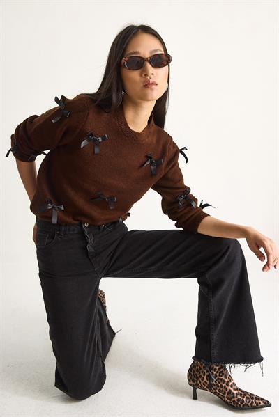 Kadın Fiyonklu Regular Triko Kazak 20246871 - Acı Kahve