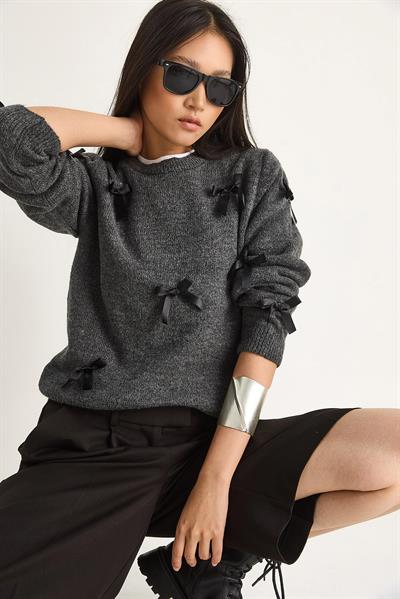 Kadın Fiyonklu Regular Triko Kazak 20246871 - Antrasit