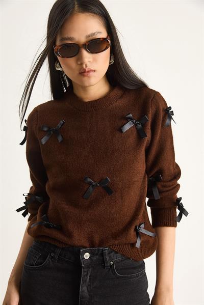 Kadın Fiyonklu Regular Triko Kazak 20246871 - Acı Kahve