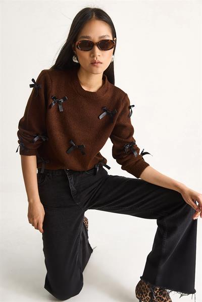 Kadın Fiyonklu Regular Triko Kazak 20246871 - Acı Kahve