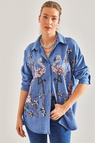 Kadın Flamingo Pul Nakışlı Sofya Keten Gömlek 60181012 - Mavi