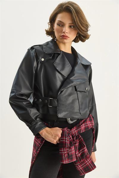 Geniş Cep Detaylı Kemerli Oversize Crop Deri Ceket 3129  60284102 - Siyah