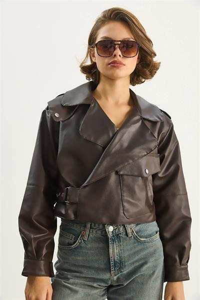 Geniş Cep Detaylı Kemerli Oversize Crop Deri Ceket 3129  60284102 - Acı Kahve