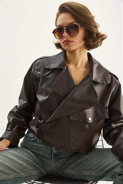 Geniş Cep Detaylı Kemerli Oversize Crop Deri Ceket 3129  60284102 - Acı Kahve