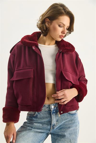 Geniş Cepli Peluş Detaylı Kaşe Mont  2751  60261572 - Bordo