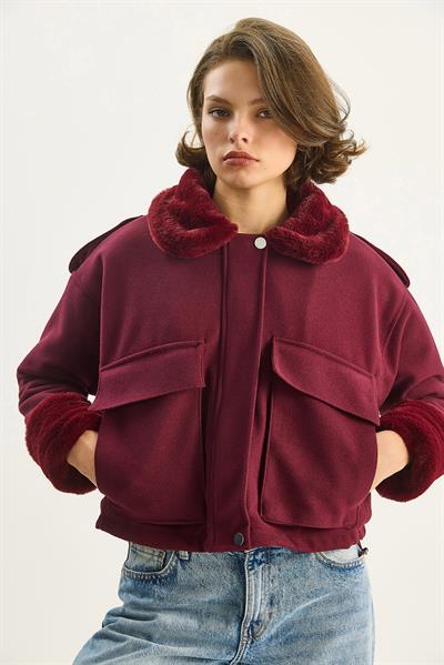 Geniş Cepli Peluş Detaylı Kaşe Mont  2751  60261572 - Bordo