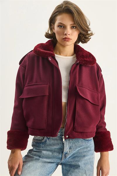 Geniş Cepli Peluş Detaylı Kaşe Mont  2751  60261572 - Bordo