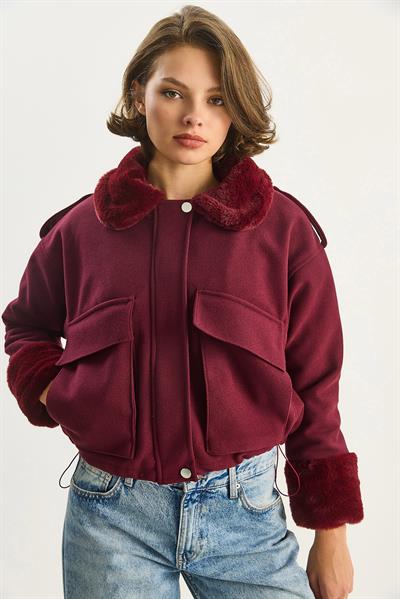 Geniş Cepli Peluş Detaylı Kaşe Mont  2751  60261572 - Bordo