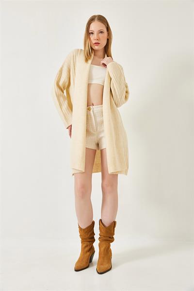 Geniş Kesim Fitilli Triko Hırka - Ekru