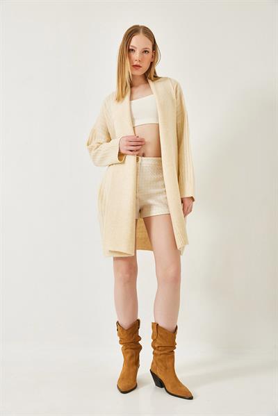 Geniş Kesim Fitilli Triko Hırka - Ekru